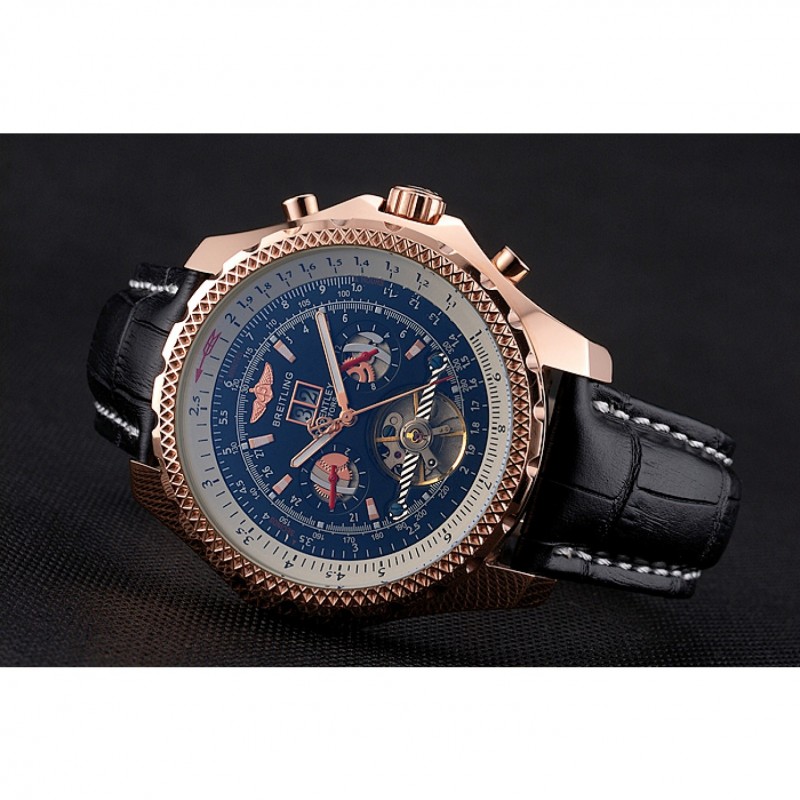 Breitling For Bentley Mulliner Tourbillon Black Dial Rose Gold Case Black Leather Strap Replica Watches