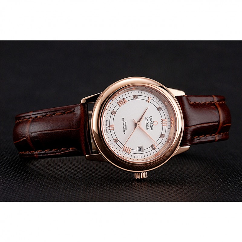 Omega De Ville Prestige Ladies White Dial Rose Gold Case Brown Leather Strap Replica Watches