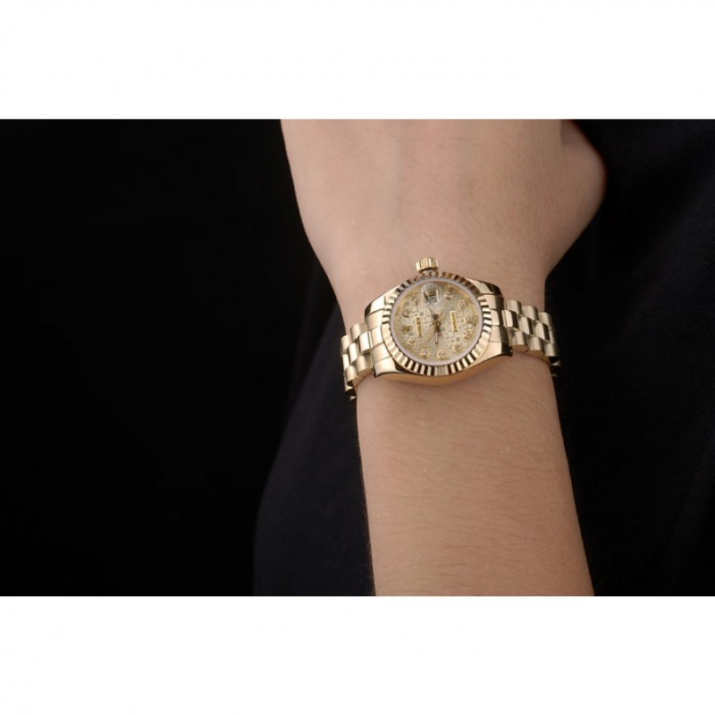 Rolex DateJust Ribbed Pattern Gold Bezel Gold Dial Replica Watches