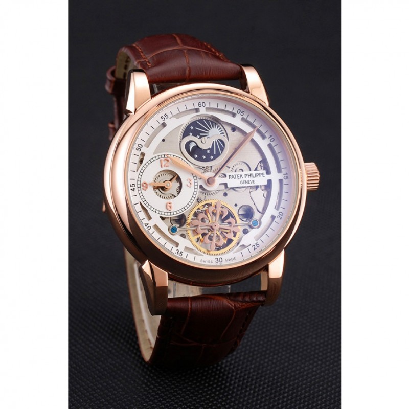 Patek Philippe Dual Time Moonphase Tourbillon White Skeletonised Dial Rose Gold Case Brown Leather Strap Replica Watches