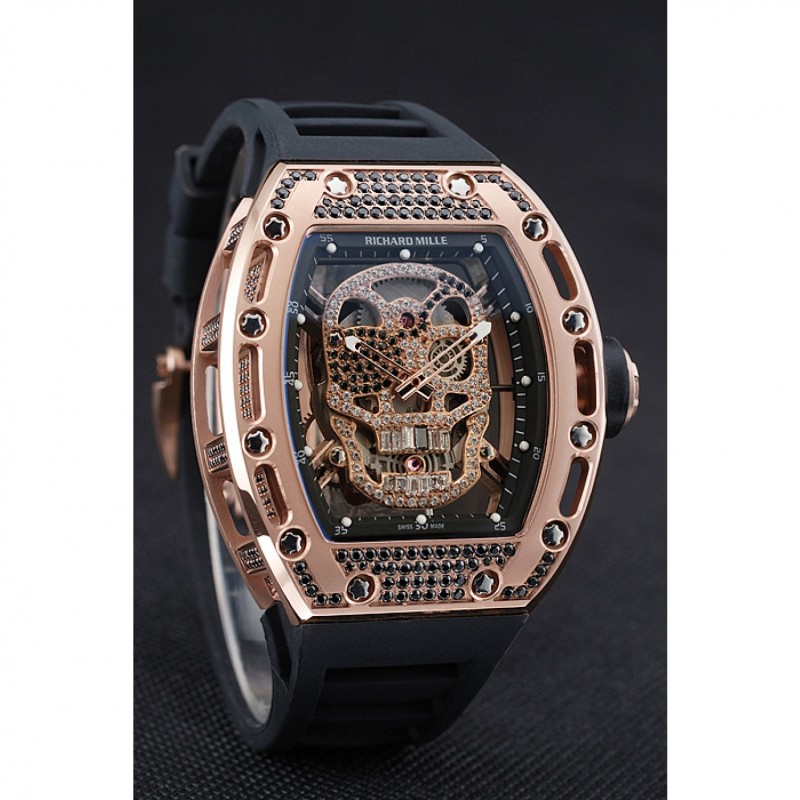 Richard Mille Tourbillon Skull RM 052 Rose Gold Case Black Rubber Bracelet 1454252 Replica Watches